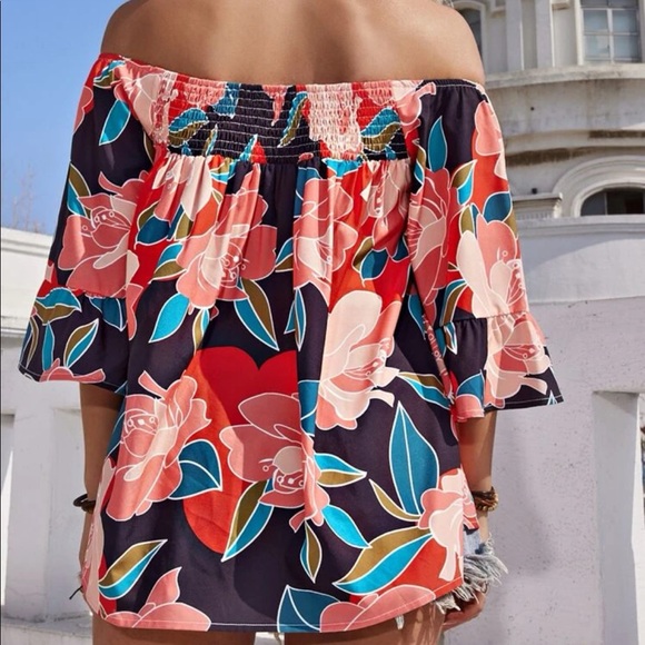 Boho Floral Print Off Shoulder Smocked Shirred Top Blouse - Picture 3 of 8